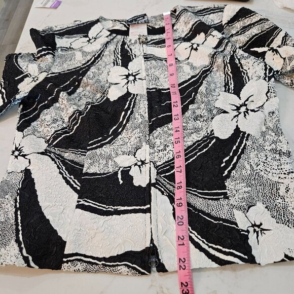 Joseph Ribkoff Floral Black White Jacket Crinkle Size 8 Jewel Zip Pull - Picture 11 of 11